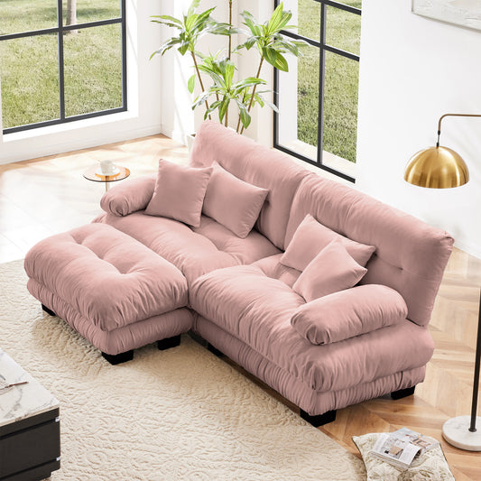 Cloud Sectional Sofa Chenille Upholstered Modular Couch with Convertible Ottoman, 2 Lumbar Pillows, Pink