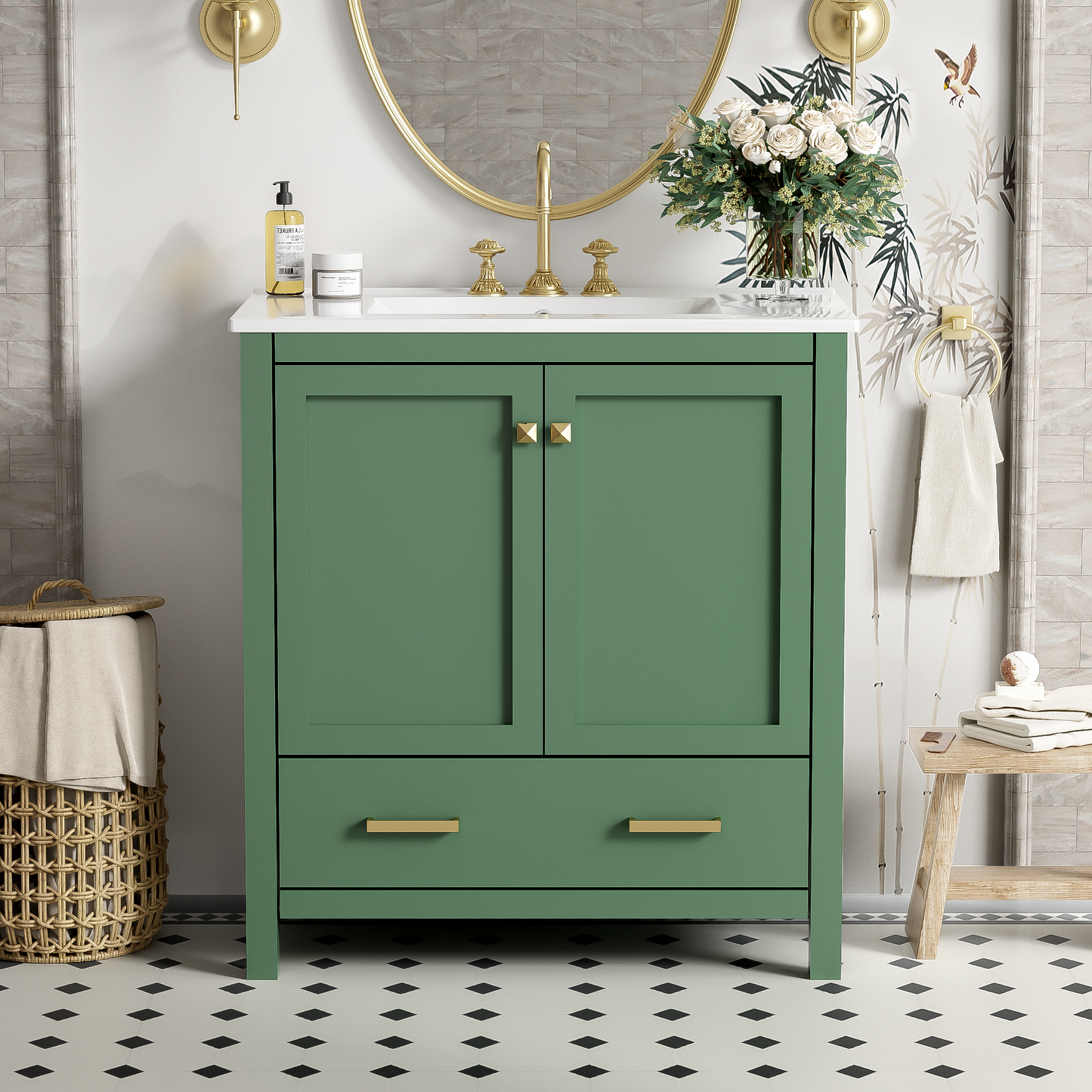 30" Elegant Green Bathroom Storage Vanity with Integrated Undermount Sink and Soft-Close Features