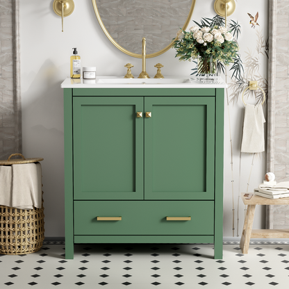 30" Elegant Green Bathroom Storage Vanity with Integrated Undermount Sink and Soft-Close Features