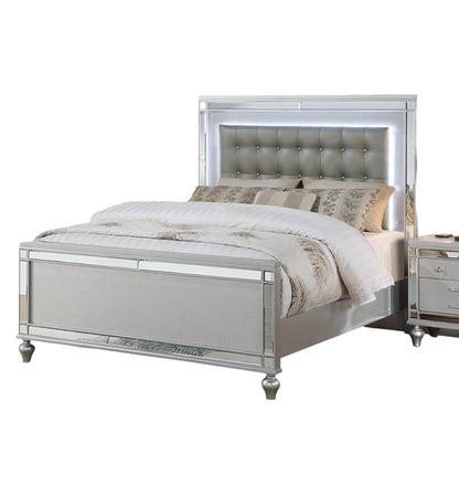 Elegant Silver Tufted Faux Leather Queen Bed with LED Lighting and Mirrored Accents