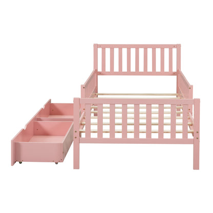 Twin Size Pink Wooden Platform Bed with Safety Guardrails and Dual Storage Drawers