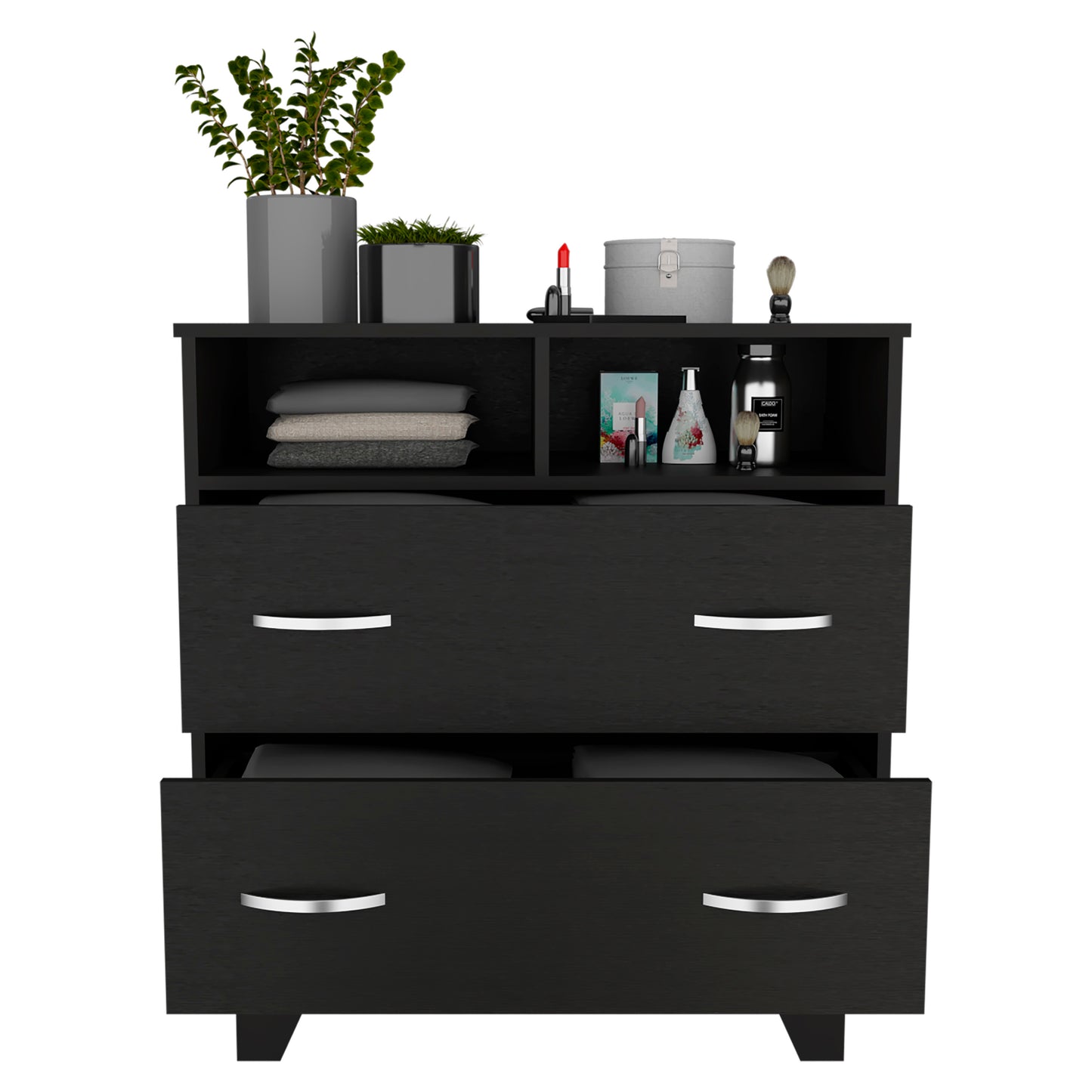 Portanova Modern Black Dresser with Two Drawers and Open Shelves