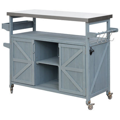 Rolling Outdoor Kitchen Island with Stainless Steel Top, Grey Blue Fir Wood Bar Cart & Storage Cabinet for BBQ and Garden Parties