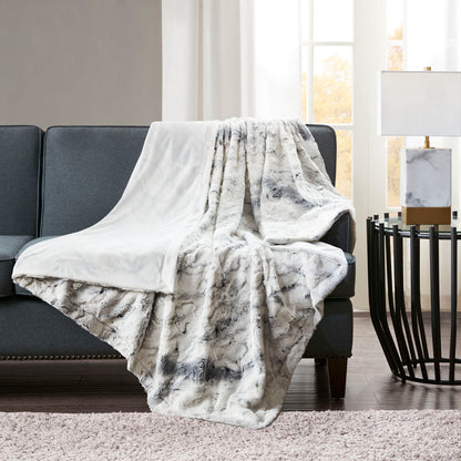 Oversized Faux Fur Throw with Marble Print, 60x70 in, Reversible Mink Back, Machine Washable, Grey