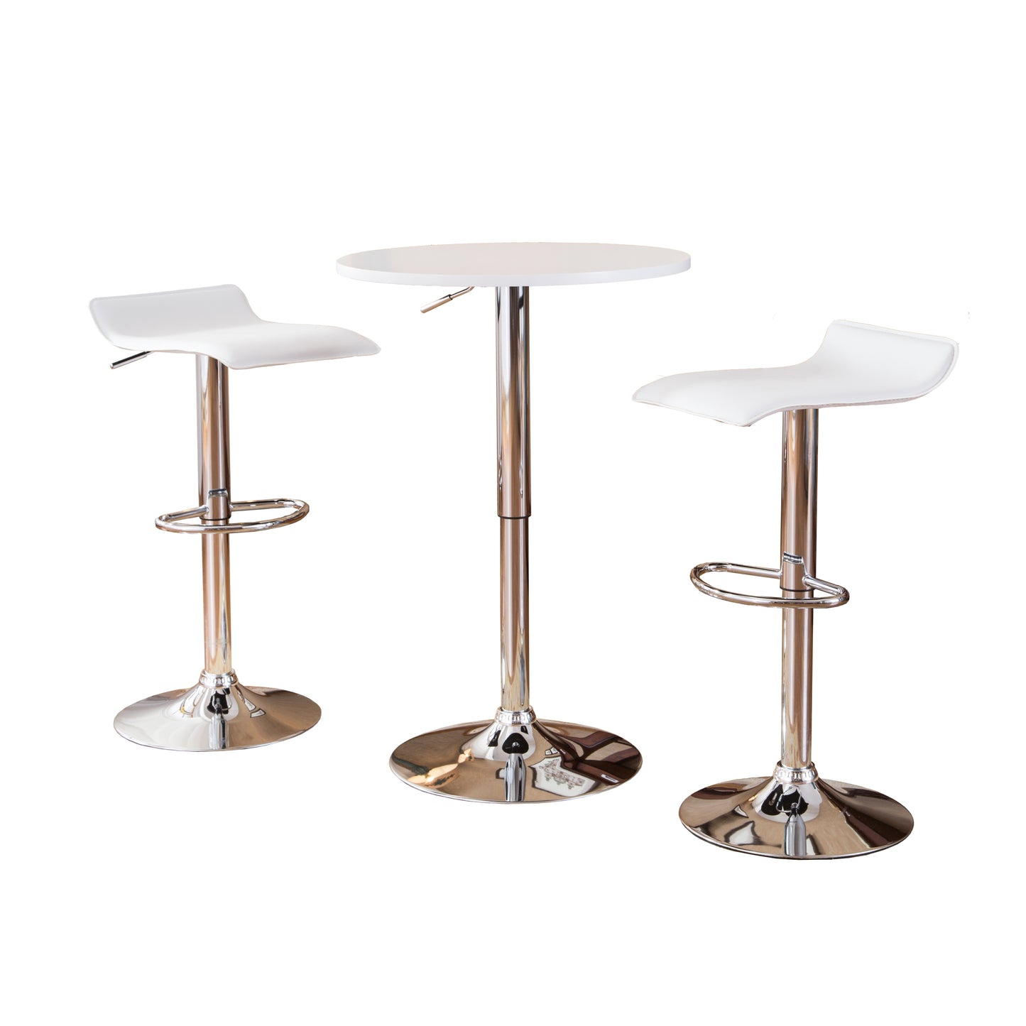Adjustable Height Bar Table with Wood Top & Chrome Metal Frame, 2 Chrome Air Lift Swivel Stools, White