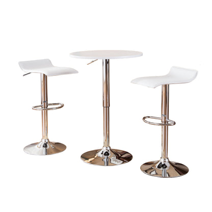Adjustable Height Bar Table with Wood Top & Chrome Metal Frame, 2 Chrome Air Lift Swivel Stools, White