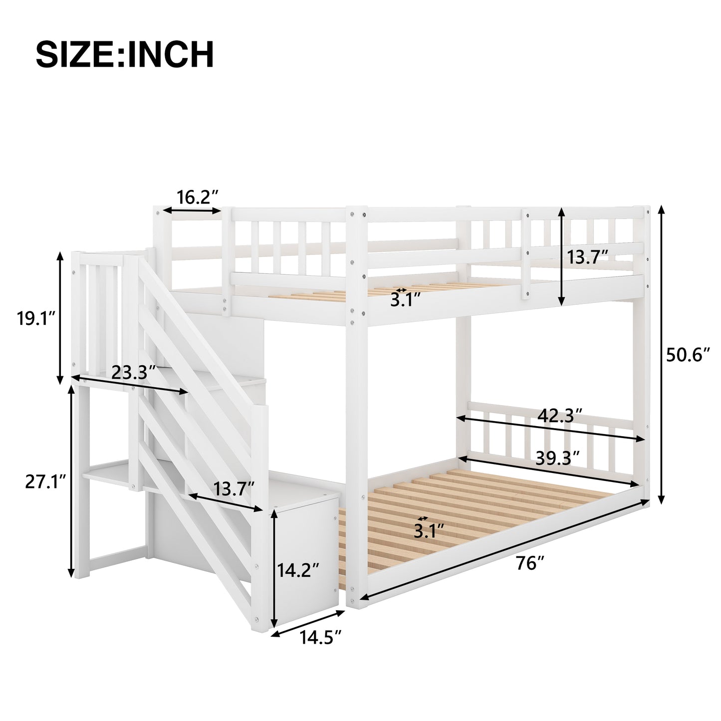 Space-Saving Twin Over Twin Bunk Bed with Storage Ladder in White