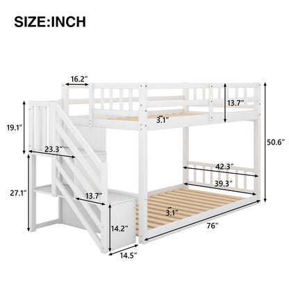 Space-Saving Twin Over Twin Bunk Bed with Storage Ladder in White