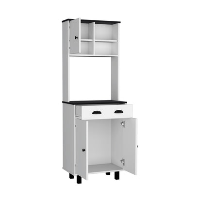 Modern Kitchen Pantry with Microwave Shelf, White & Black Design