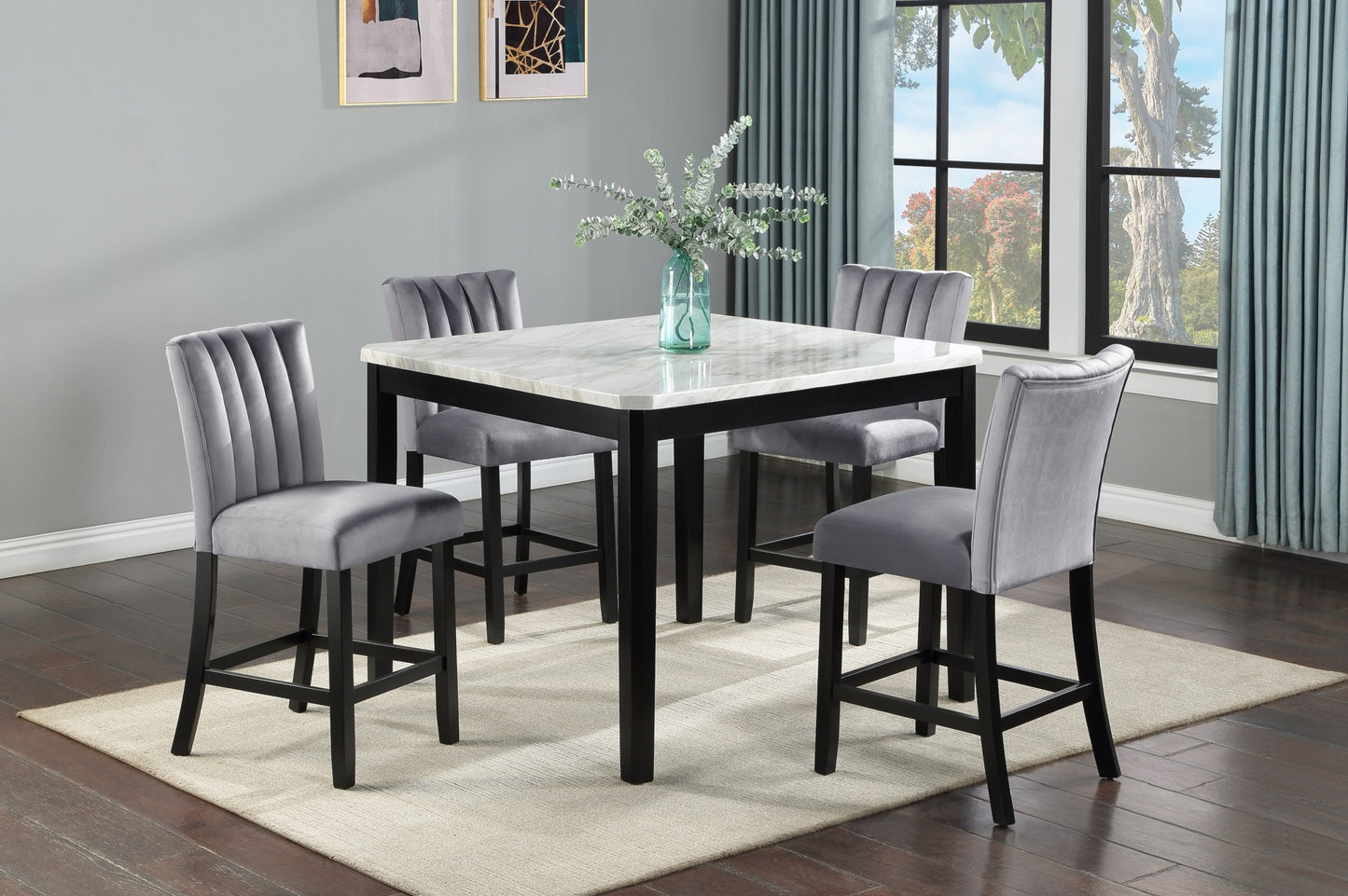 Counter Height Dining Set Square Faux Marble Table Black