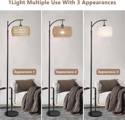 Arc Floor Lamp with Remote, Dimmable LED, 3 Color Temp, Height 65-72.8in, Rattan & Linen Shade, Black