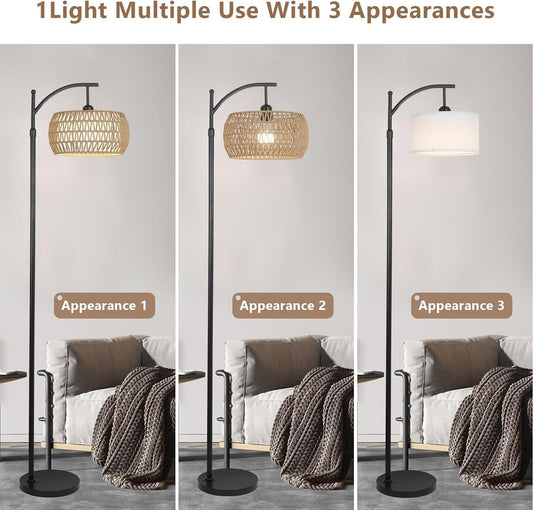 Arc Floor Lamp with Remote, Dimmable LED, 3 Color Temp, Height 65-72.8in, Rattan & Linen Shade, Black