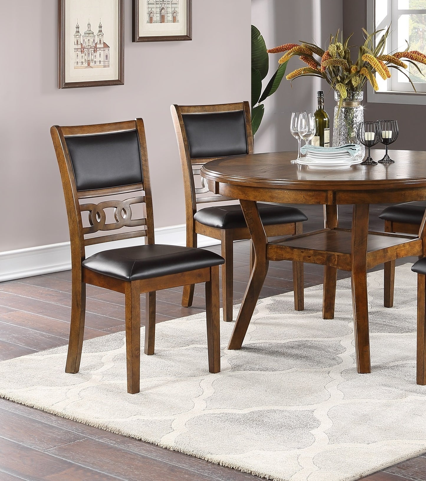 Set of 2 Cushioned Dining Room Side Chairs with Knot-Back, 18x22.5x38, Rubberwood MDF, Walnut Finish