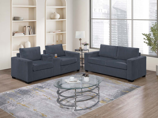 2-Piece Living Room Sofa Set with Console, Cup Holders, 77in Sofa + 65in Loveseat, Corduroy Dark Gray