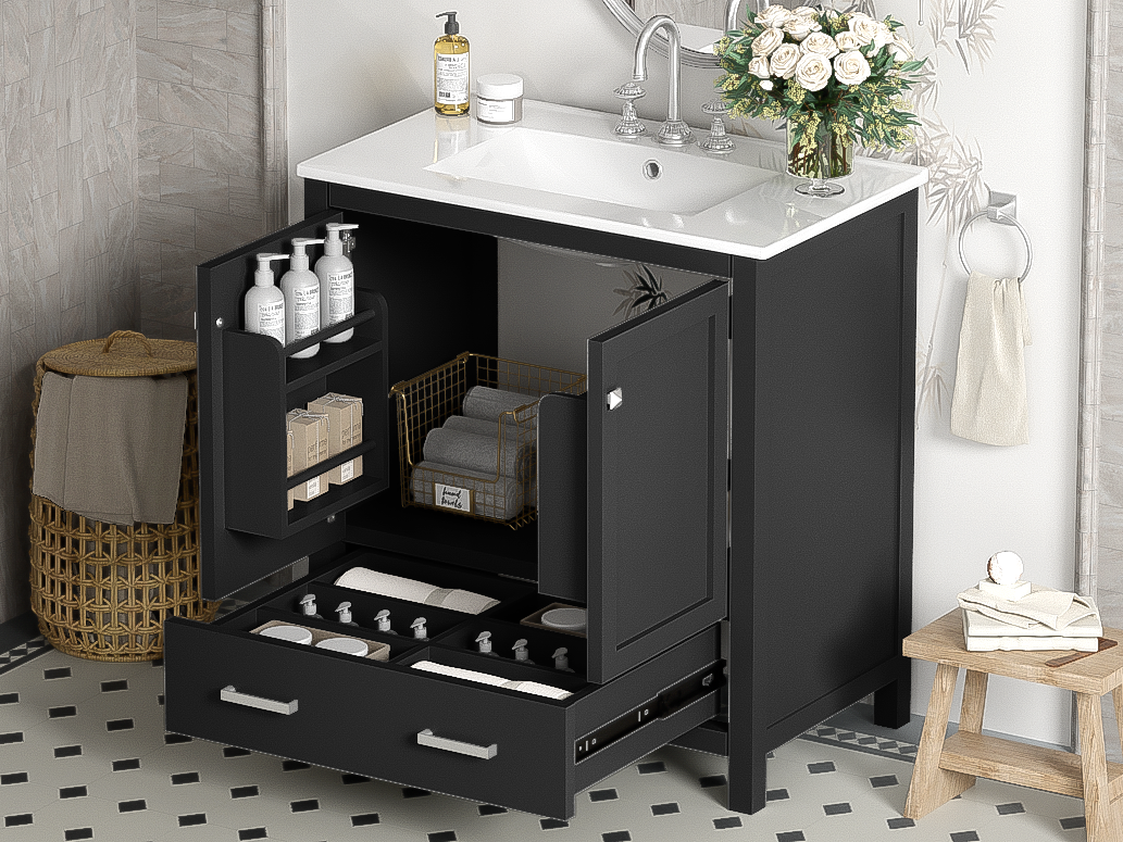 30-Inch Modern Black Bathroom Vanity with Single Sink and Soft-Close Doors, Stylish Storage Cabinet with Undermount Ceramic Basin, Durable Solid Wood Frame