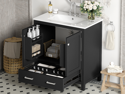 30-Inch Modern Black Bathroom Vanity with Single Sink and Soft-Close Doors, Stylish Storage Cabinet with Undermount Ceramic Basin, Durable Solid Wood Frame