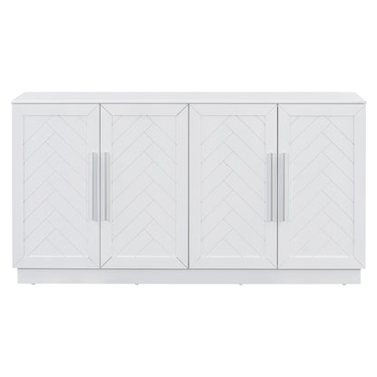 TREXM Sideboard with 4 Doors Large Storage Space Buffet Cabinet with Adjustable Shelves and Silver Handles for Kitchen, Dining Room, Living Room (White)