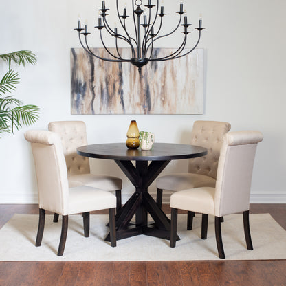 Round Cross Buck Dining Table With Four Modern Chairs Set