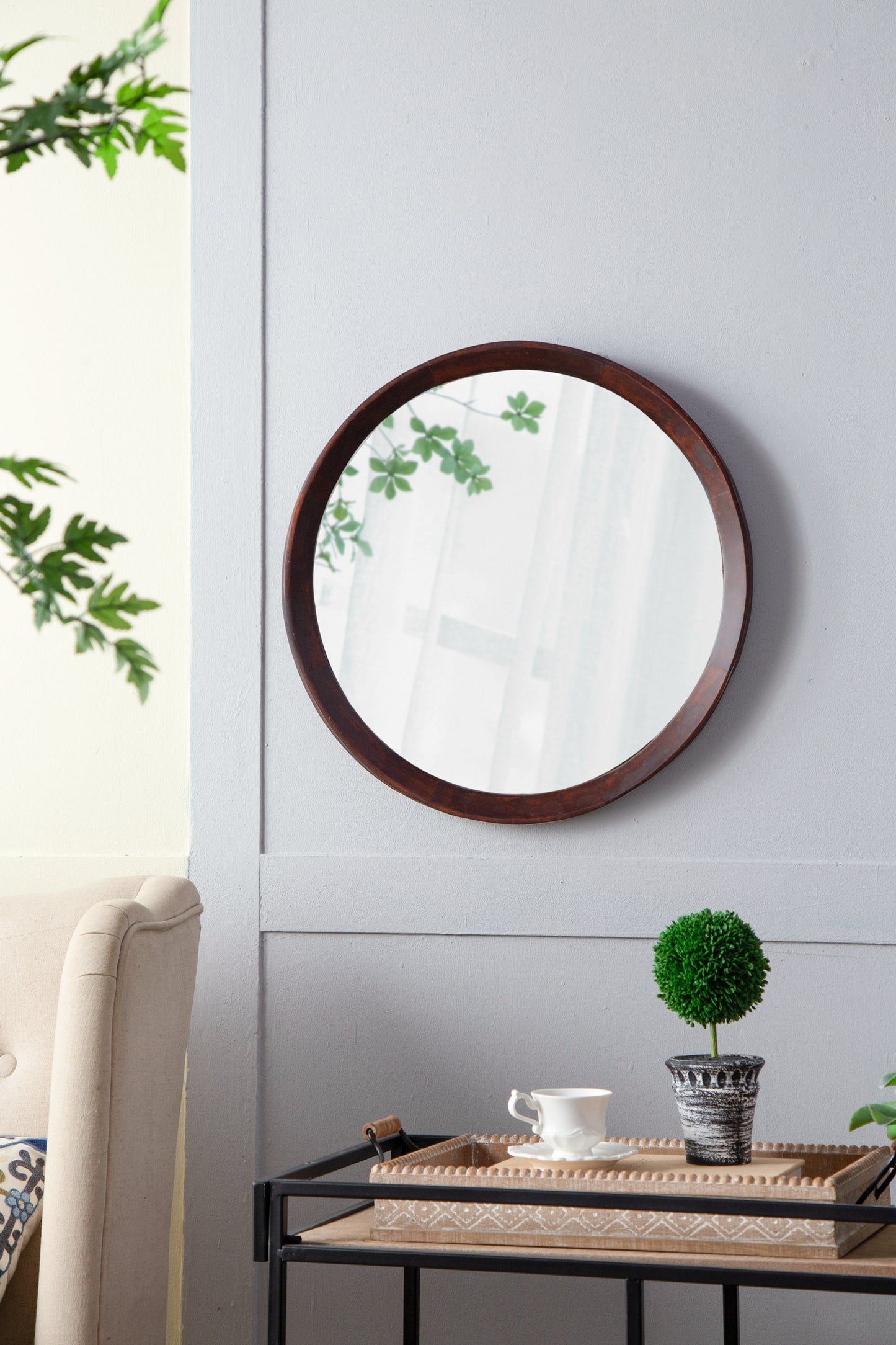 Round Transitional Mango Wood Wall Mirror - 20" Framed Accent for Bathroom and Entryway