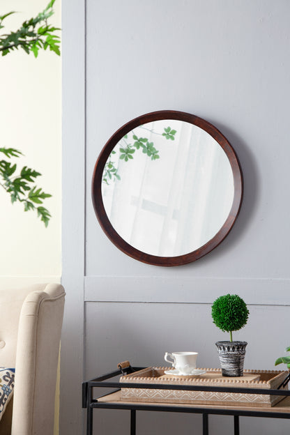 Round Transitional Mango Wood Wall Mirror - 20" Framed Accent for Bathroom and Entryway