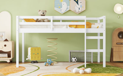 Contemporary Rubber Wood Twin Loft Bed with Ladder and Spacious Storage, White Finish