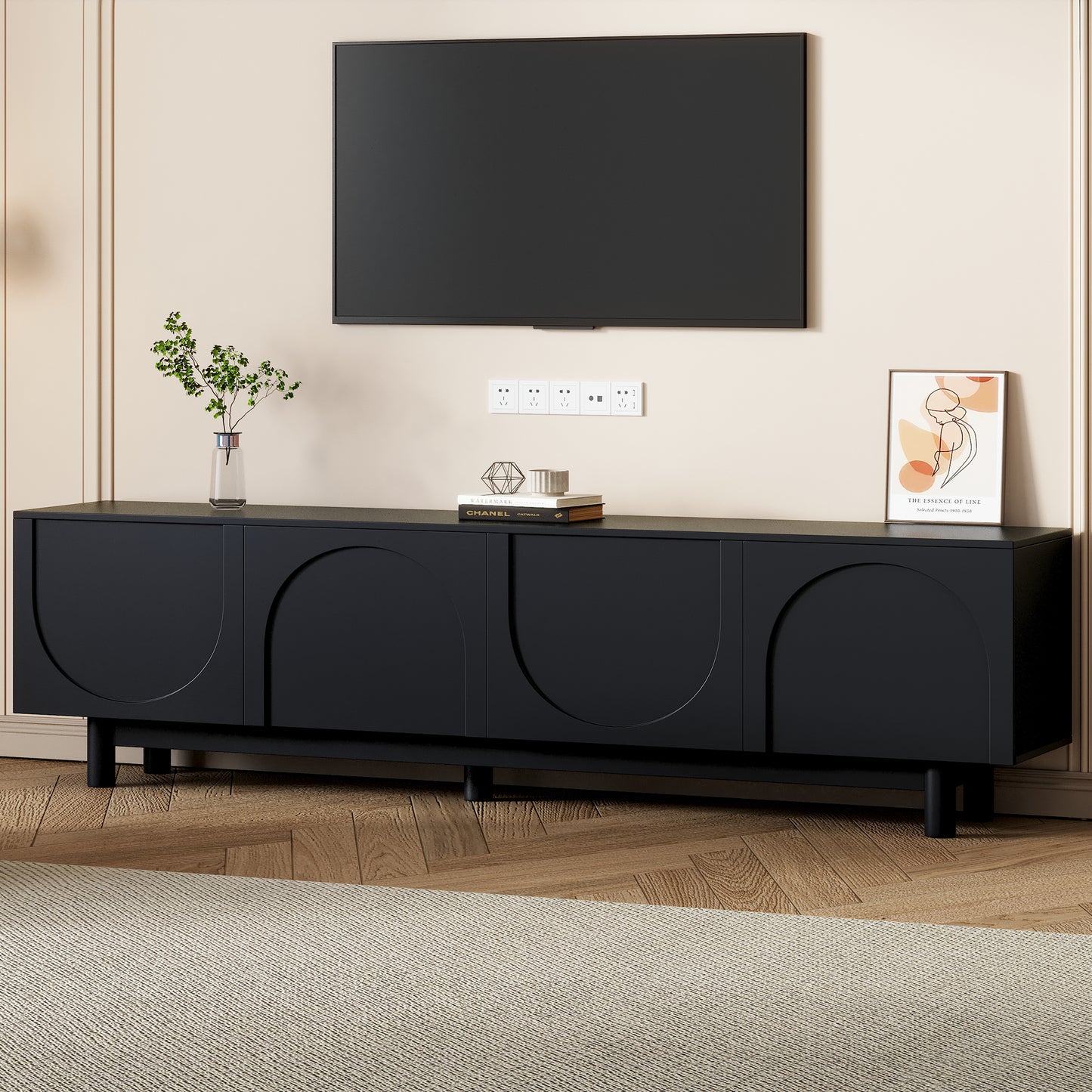 TV Stand with Arch Cabinets for TVs Up to 78 Inches - Minimalist Media Console with Adjustable Shelves, Solid Wood Legs, Living Room Console, Black
