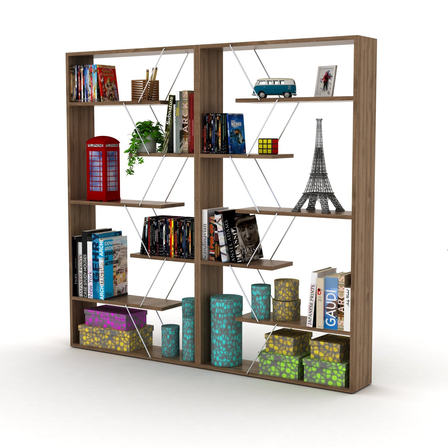 Walnut and Chrome Industrial 6-Shelf Wood Frame Etagere Bookcase for Modern Offices and Living Rooms