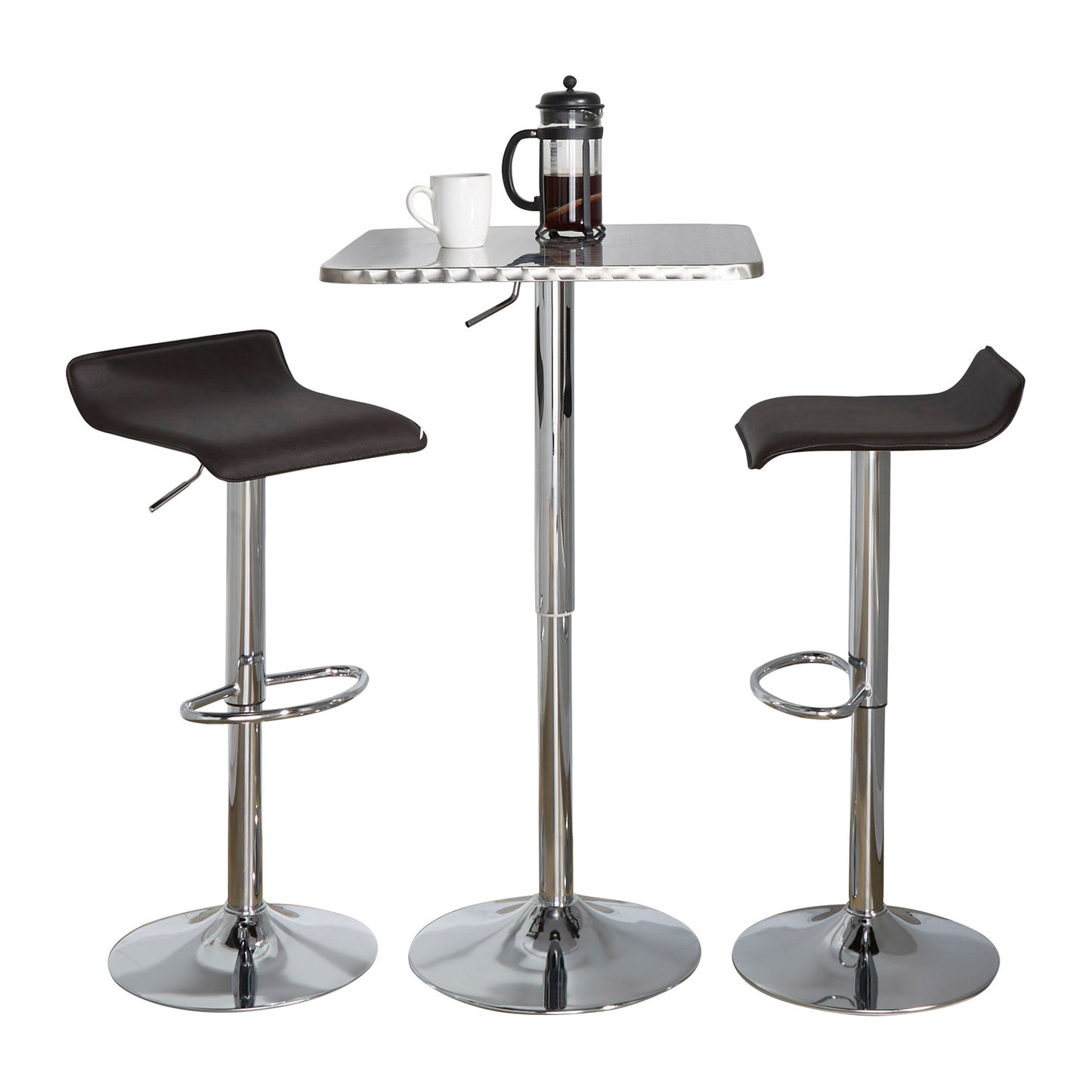 3-Piece Contemporary Adjustable Bar Set Square Bistro-Style Oval Footrest Silver-Chrome Metal Brown PVC