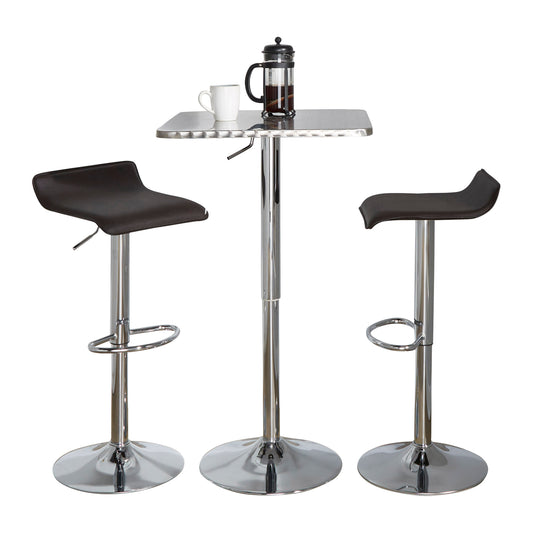 3-Piece Contemporary Adjustable Bar Set Square Bistro-Style Oval Footrest Silver-Chrome Metal Brown PVC