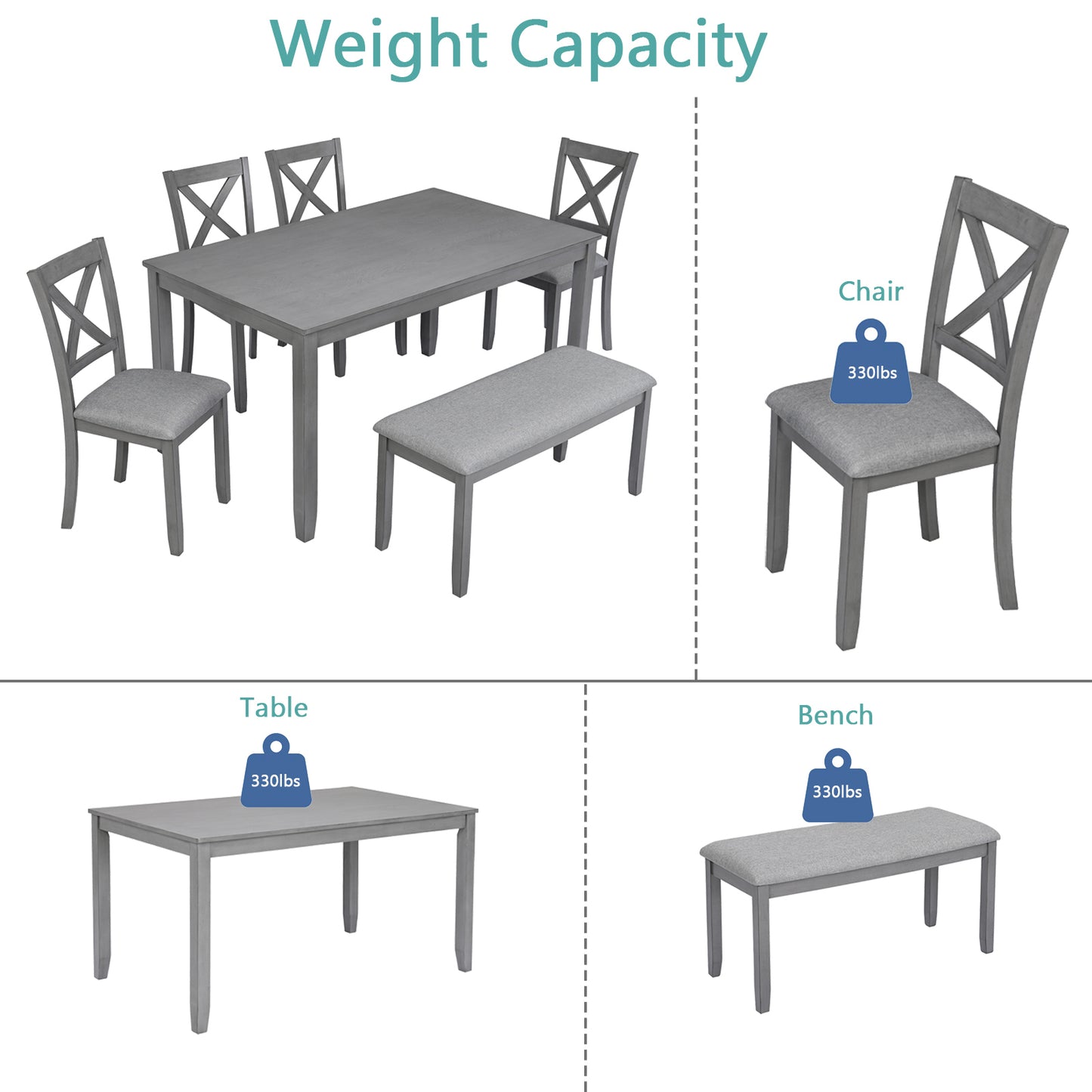Wooden Dining Table Set Chairs And Bench Six Piece Gray
