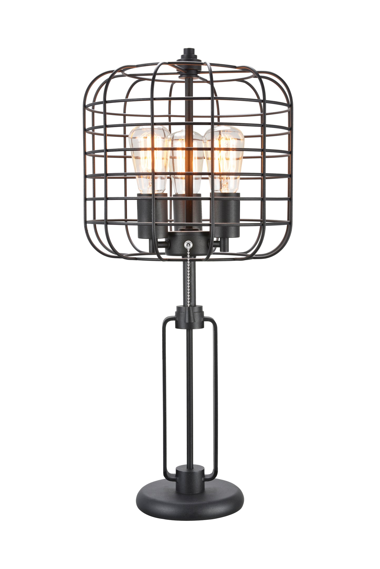 Industrial Wire Cage Table Lamp, 26.5 in Tall, 15x15 Base, USB, Pull Chain, Edison Bulb, 25W Max, Black