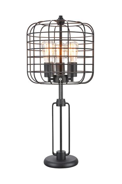 Industrial Wire Cage Table Lamp, 26.5 in Tall, 15x15 Base, USB, Pull Chain, Edison Bulb, 25W Max, Black