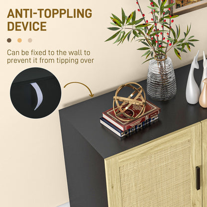 HOMCOM Sideboard Buffet Cabinet, Kitchen Cabinet, Coffee Bar Cabinet with 3 Rattan Doors and Adjustable Shelves, Black and Natural