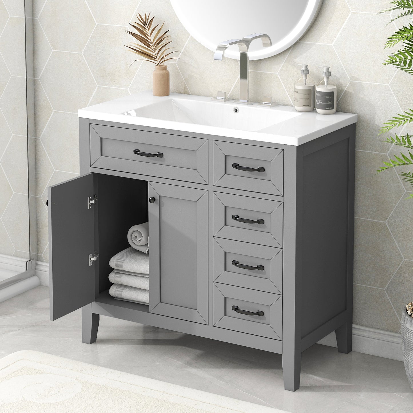 36-Inch Grey Bathroom Vanity Set with Ceramic Sink and Storage Drawers