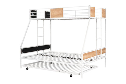 Sturdy Metal Twin Over Full Bunk Bed with Trundle and Safety Guardrails - Space-Saving Design with Noise Reduction and Wooden Accents