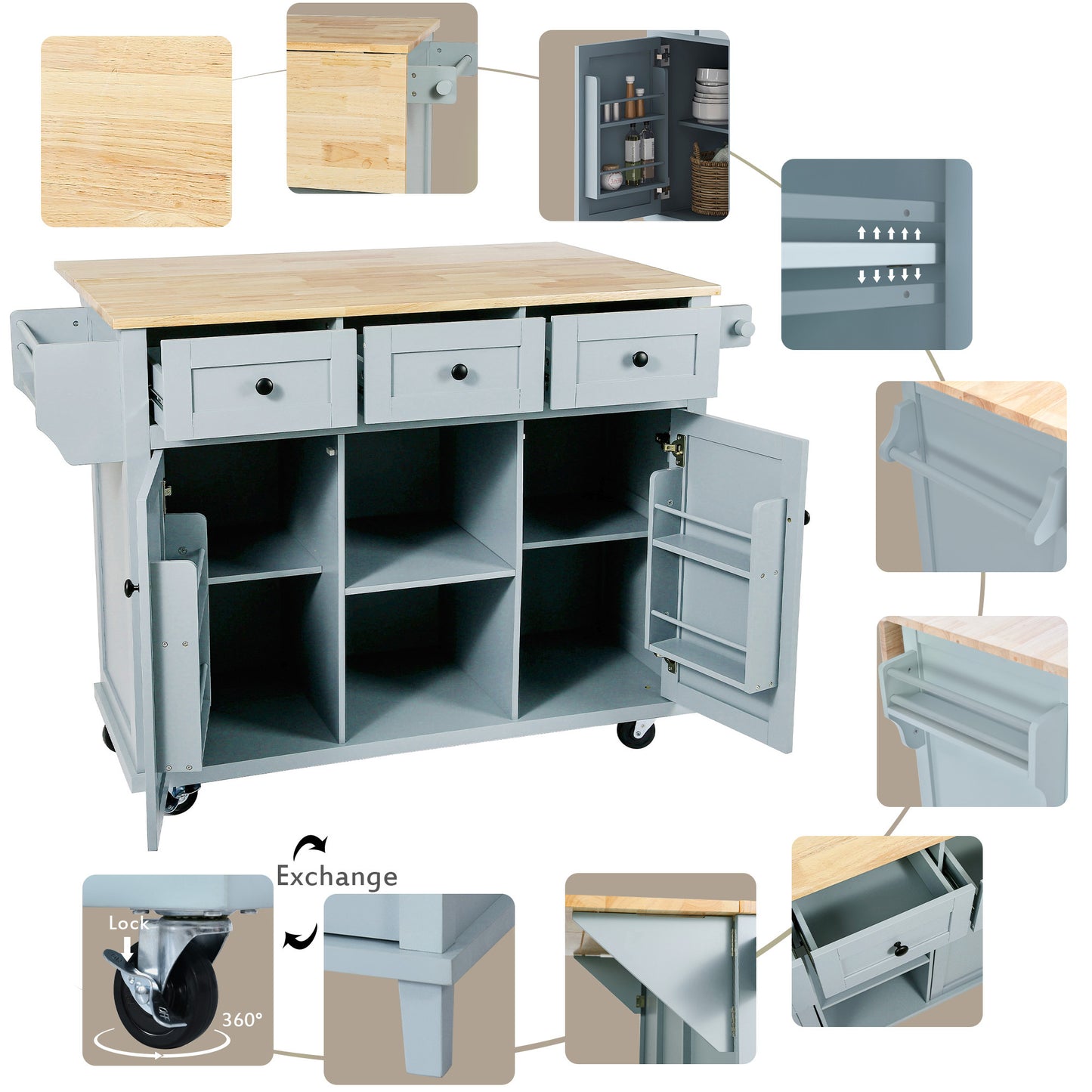 Multi-Functional Kitchen Island Cart with Rubber Wood Drop-Leaf Top, Storage Drawers, and Adjustable Shelving in Grey Blue