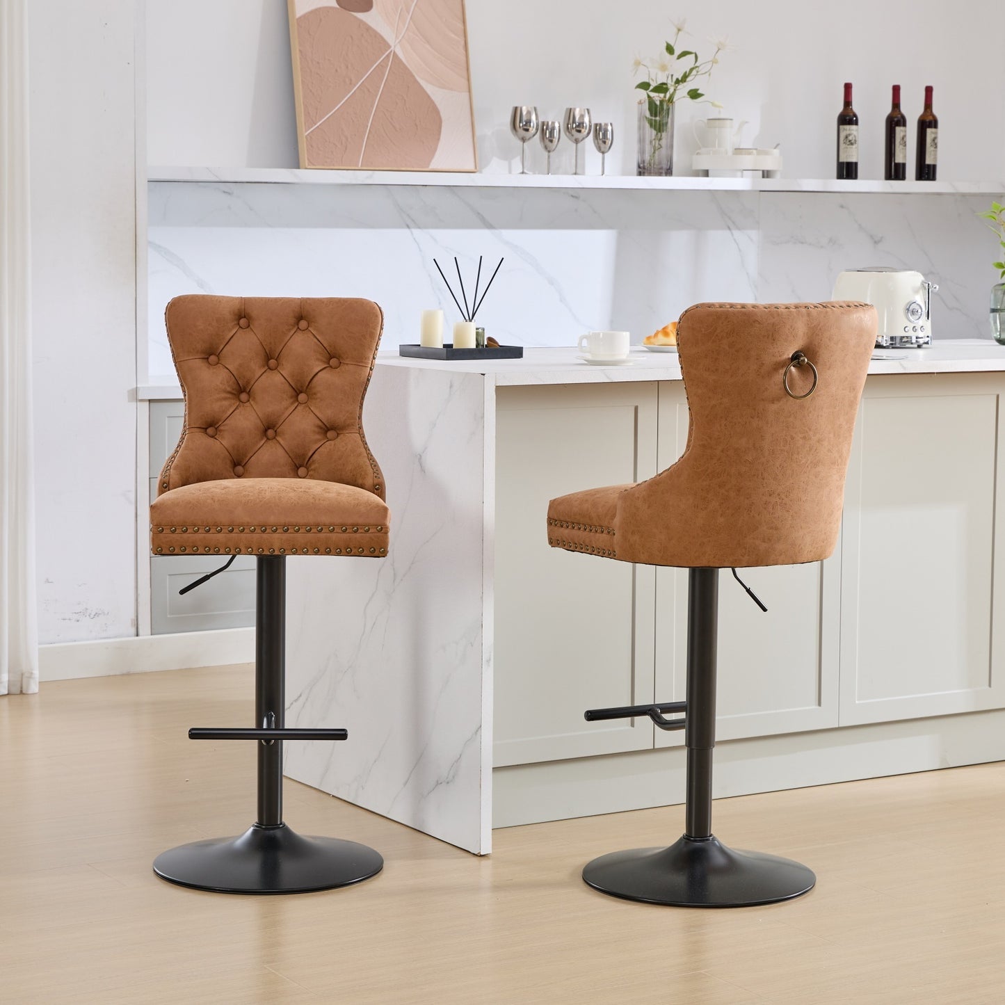Orange Aged Retro PU Swivel Bar Stools Tufted Back