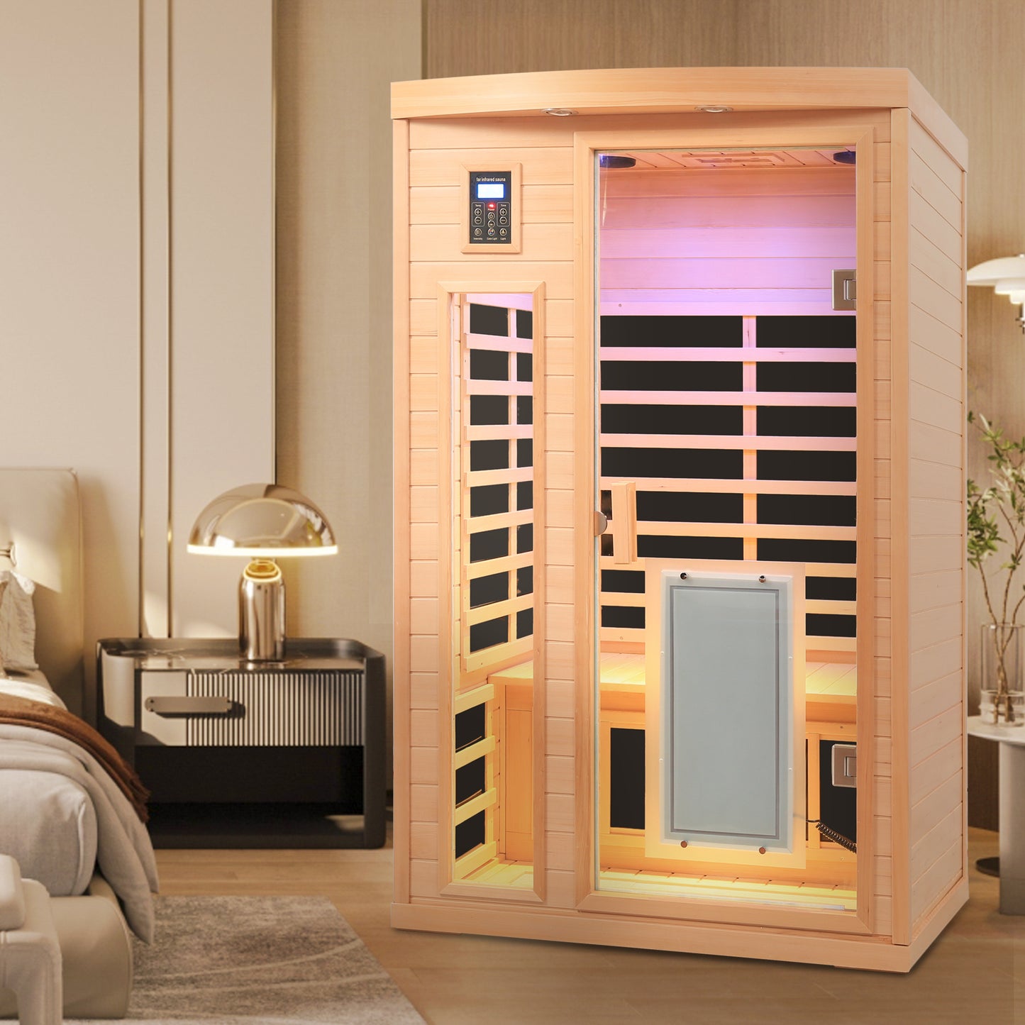 Two-Person Hemlock Far-Infrared Sauna with FrontDoor Heating Panel, Low EMF, LCD, Bluetooth, Natural
