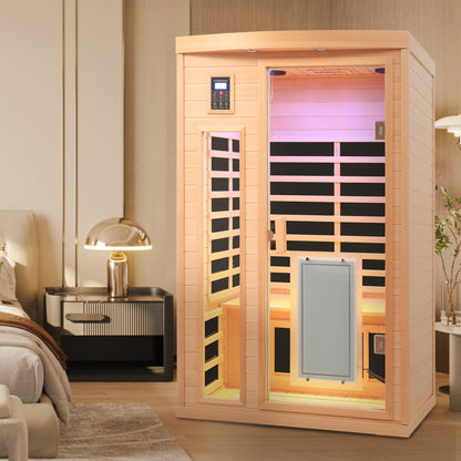 Two-Person Hemlock Far-Infrared Sauna with FrontDoor Heating Panel, Low EMF, LCD, Bluetooth, Natural