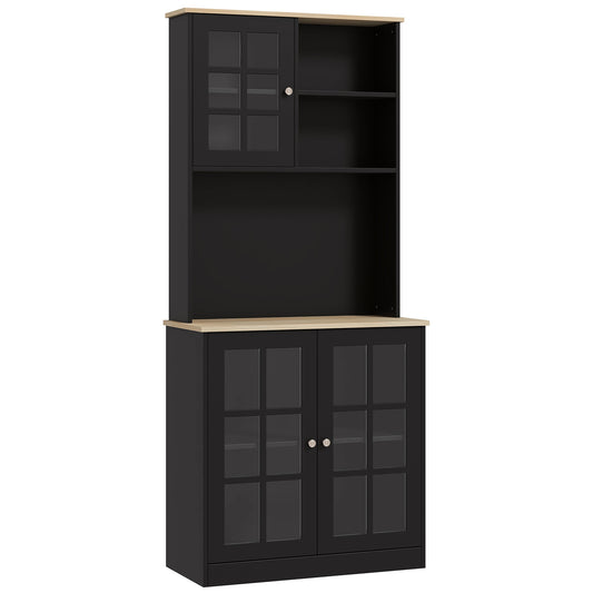 Modern Black Kitchen Pantry Cabinet with Glass Doors and Adjustable Shelves, 72" Freestanding Storage for Dining Room and Coffee Bar