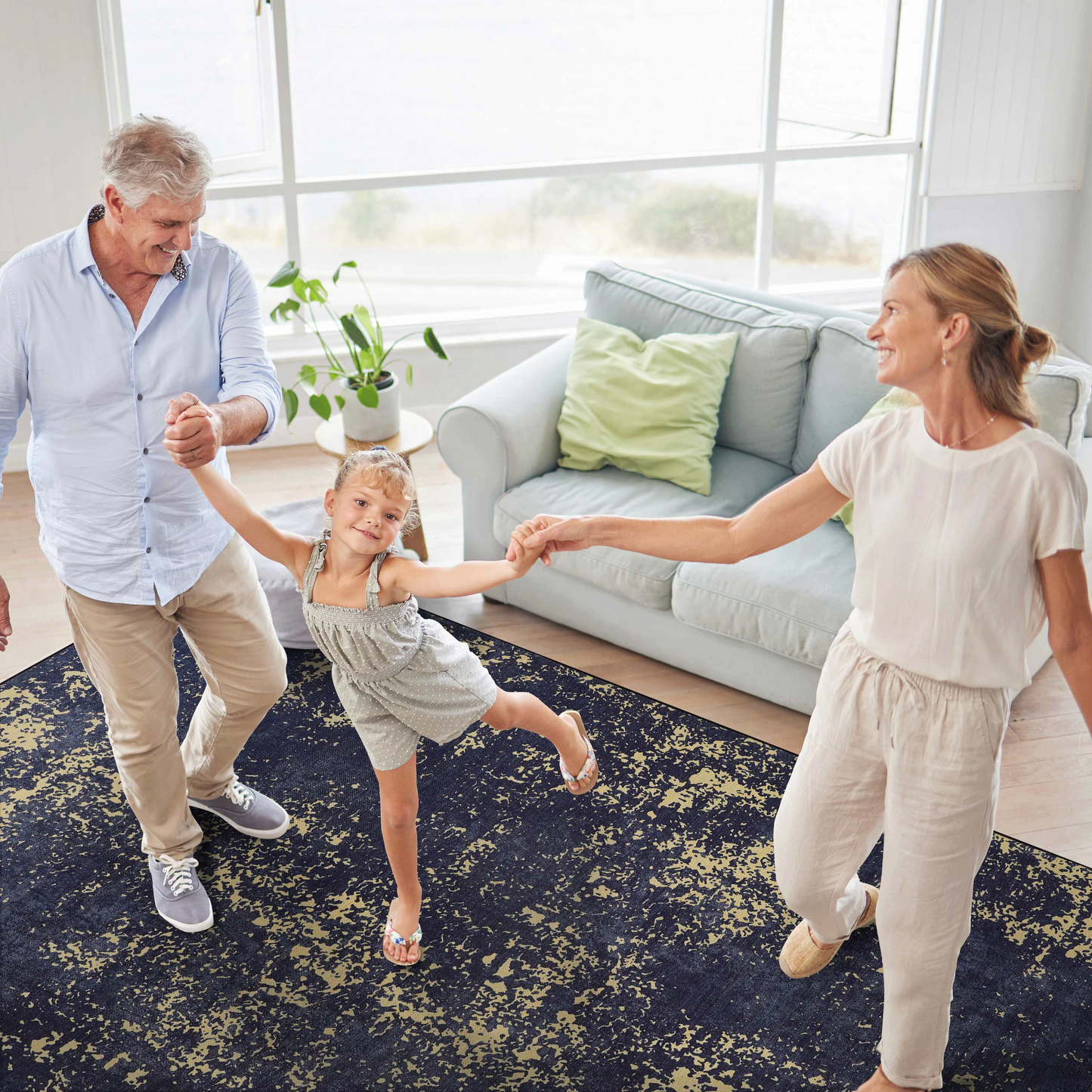 8x10 Washable Area Rug, Low-Pile, Non-Slip, Foldable, Kid & Pet Friendly for Dining Black-Gold