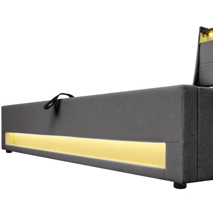 Modern Queen Size Upholstered Platform Bed with Hydraulic Storage, LED Lighting, and USB Port - Grey (Mattress Not Included)