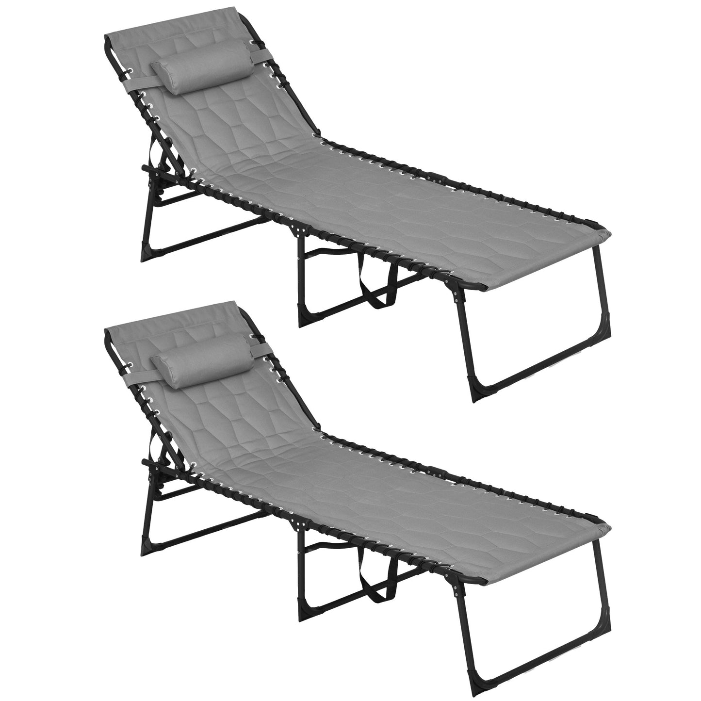 Foldable Outdoor Chaise Lounge Set With 5-Level Recline Padded Seat Side Pocket Headrest For Beach Patio Gray