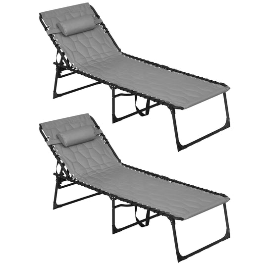 Foldable Outdoor Chaise Lounge Set With 5-Level Recline Padded Seat Side Pocket Headrest For Beach Patio Gray