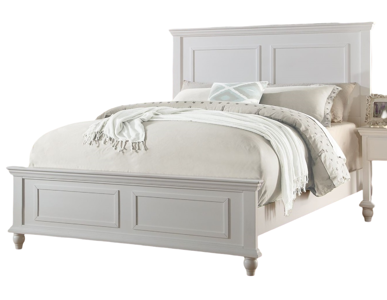 Elegant White Queen Size Bed Frame with High Panel Headboard and Footboard