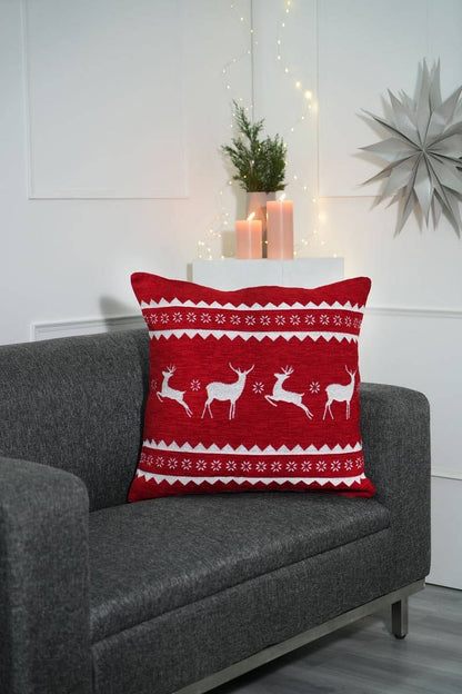 Reindeer Jacquard Throw Pillow, 24x24, Polyester Blend, Plush Filler, Living Room Accent, White and Red