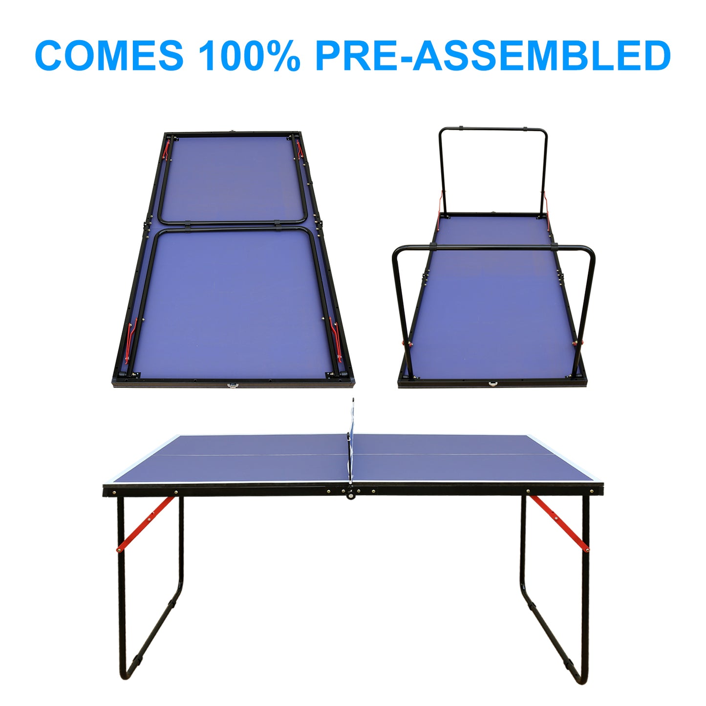 Foldable Table Tennis Table 54x30'' Playing Surface 0.5'' MDF Top, Net & 2 Paddles Indoor/Outdoor Blue