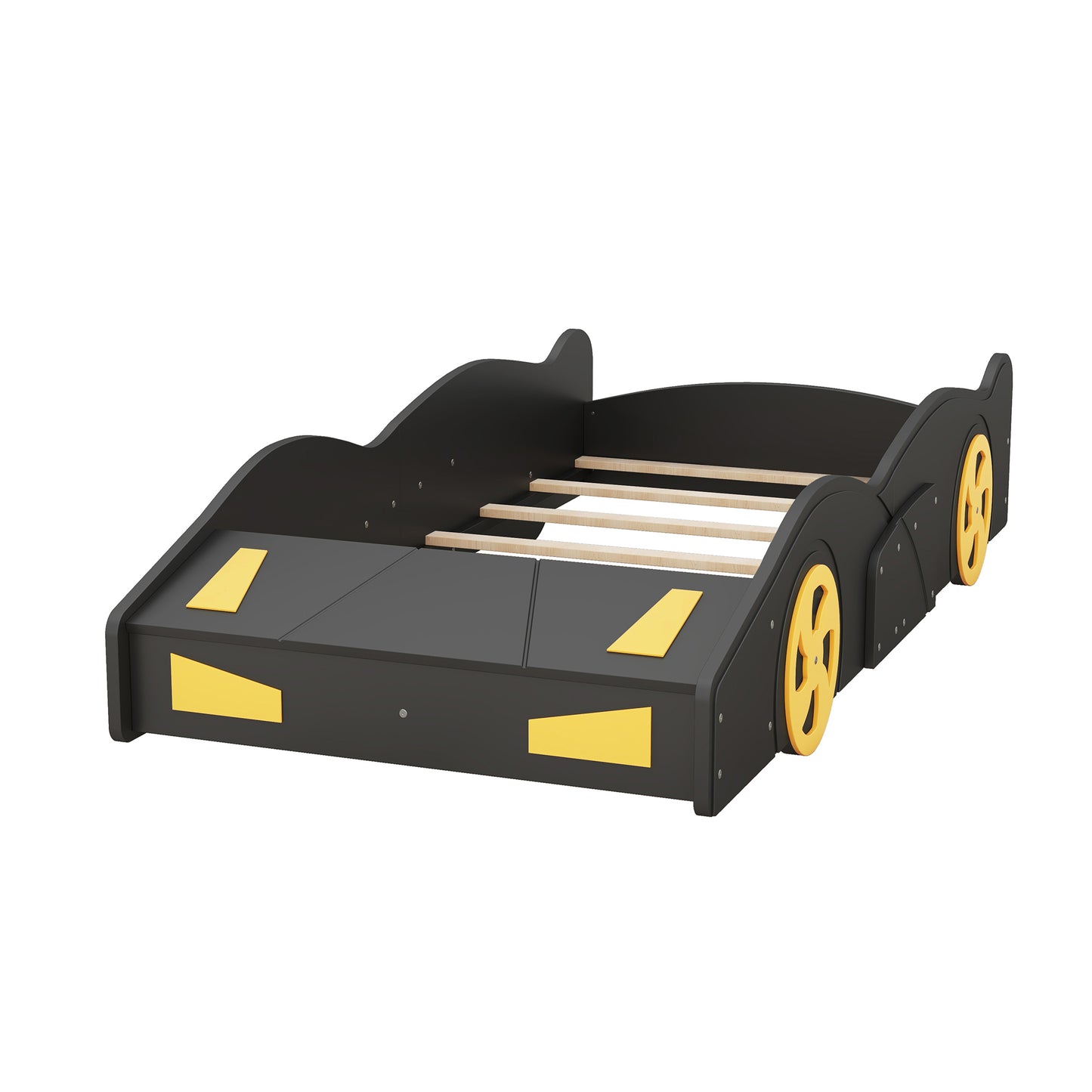Twin Size Race Car Platform Bed with Storage and Wheels in Black and Yellow