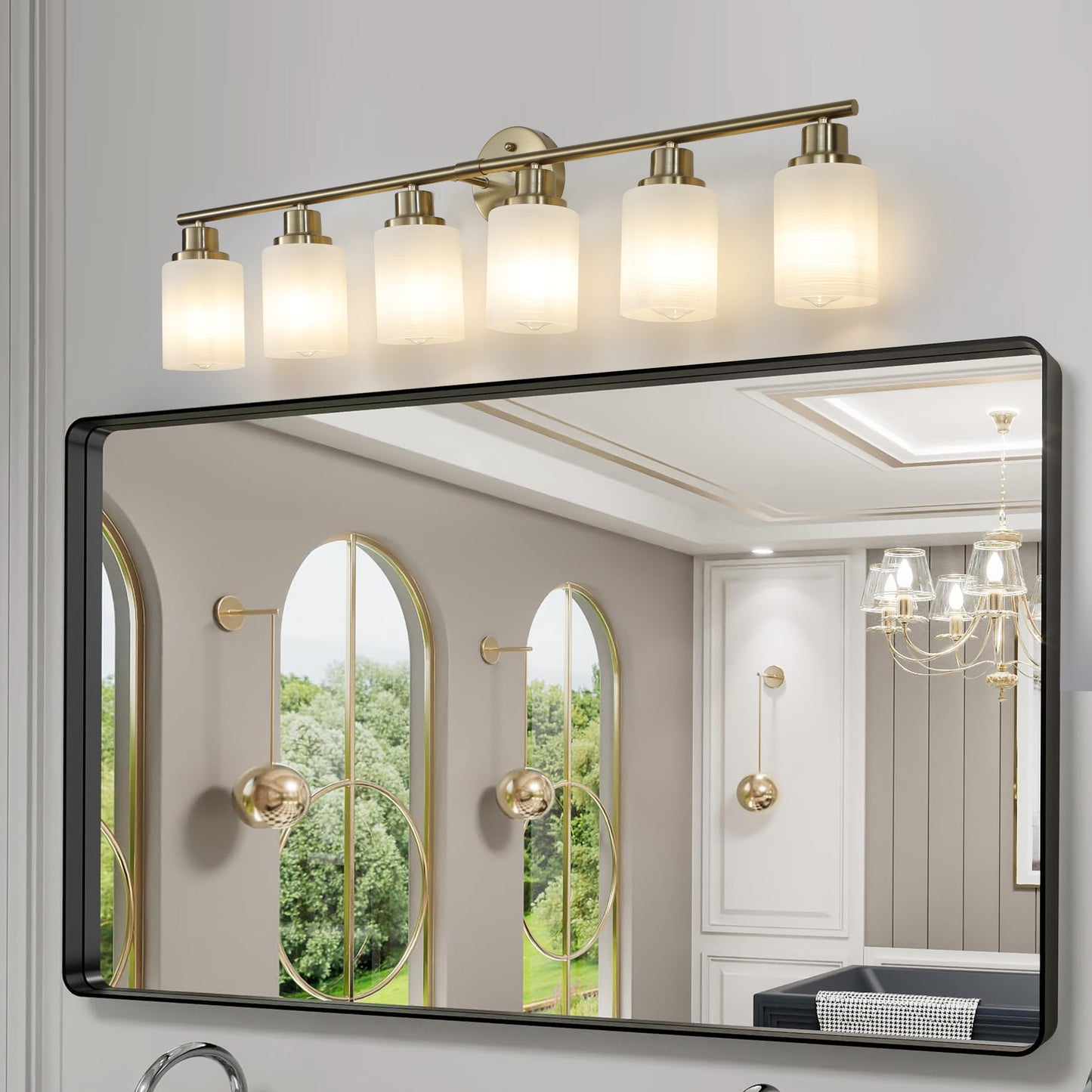 6-Light Vanity Light Bar for Bathrooms with Frosted Glass Shades, Contemporary Wall Mount, Golden