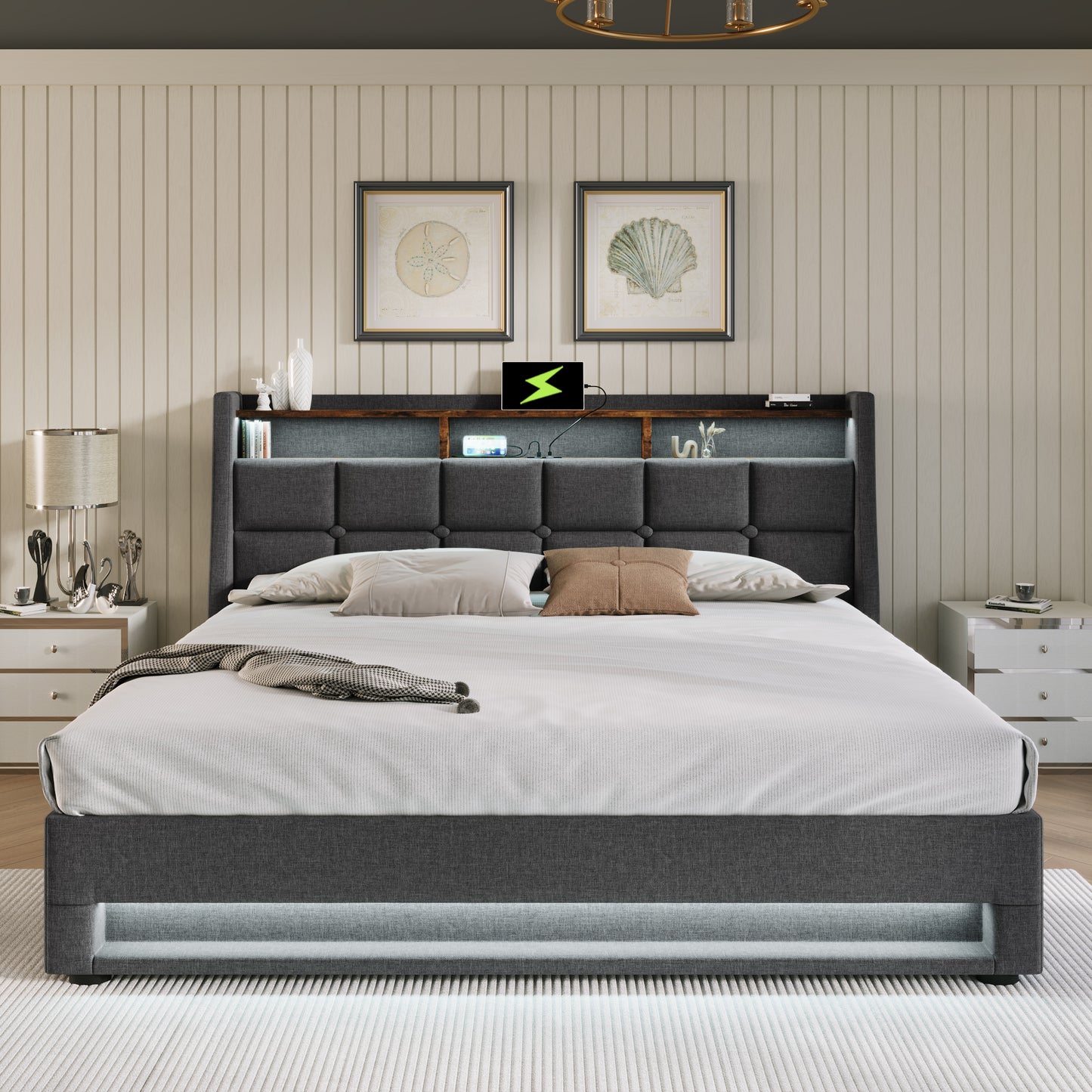 Modern Queen Size Upholstered Platform Bed with Hydraulic Storage, LED Lighting, and USB Port - Grey (Mattress Not Included)